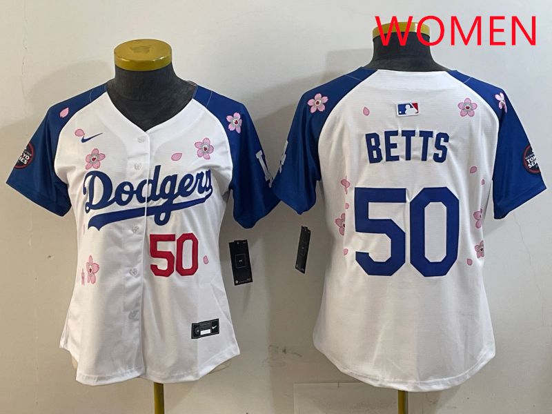Women Los Angeles Dodgers #50 Betts White Blue Sakura Edition 2025 Nike MLB Jersey style 7->women mlb jersey->Women Jersey
